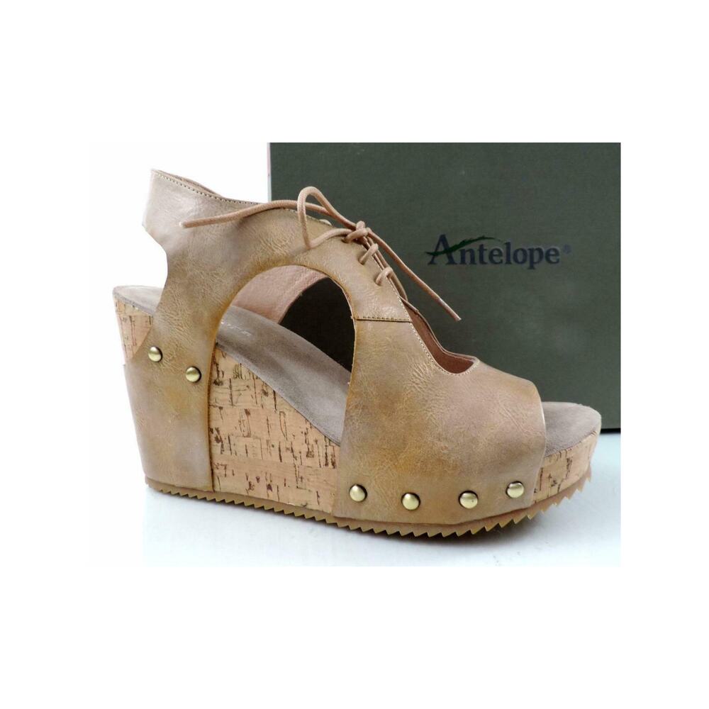 Antelope 702 Lace Up Cutout Platform Wedge Sandals Taupe Metallic